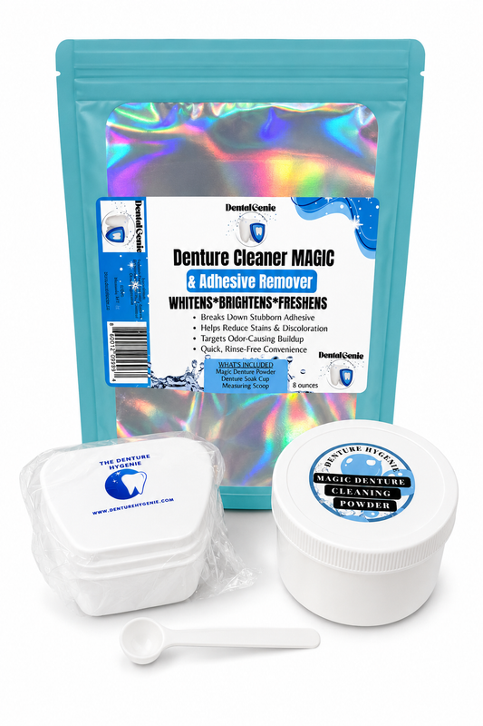 Denture Cleaning & Adhesive Remover Fizzing Magic Powder– Stain Removal, Adhesive Remover, Sanitizer & Breath Freshener